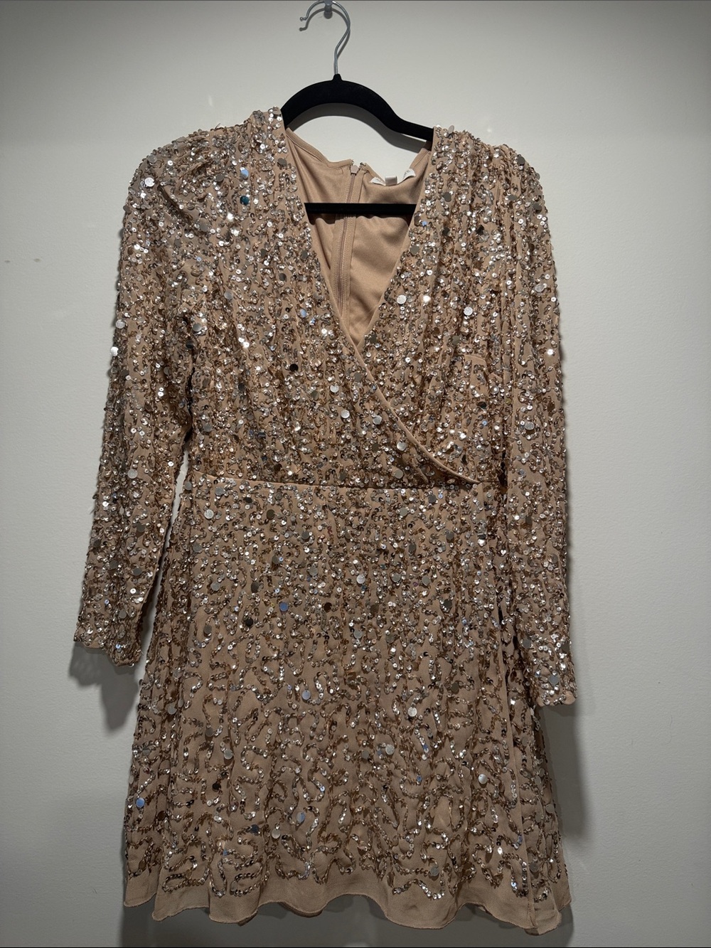 ASOS Petite Embellished Champagne Sequin Long Sleeve Mini Dress